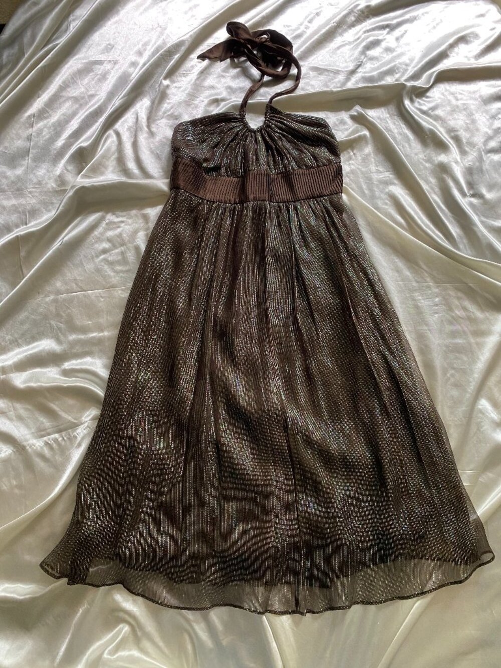 Vintage y2k BCBG Brown Metallic Silk Halter Fairy Dress Size 2 Boho